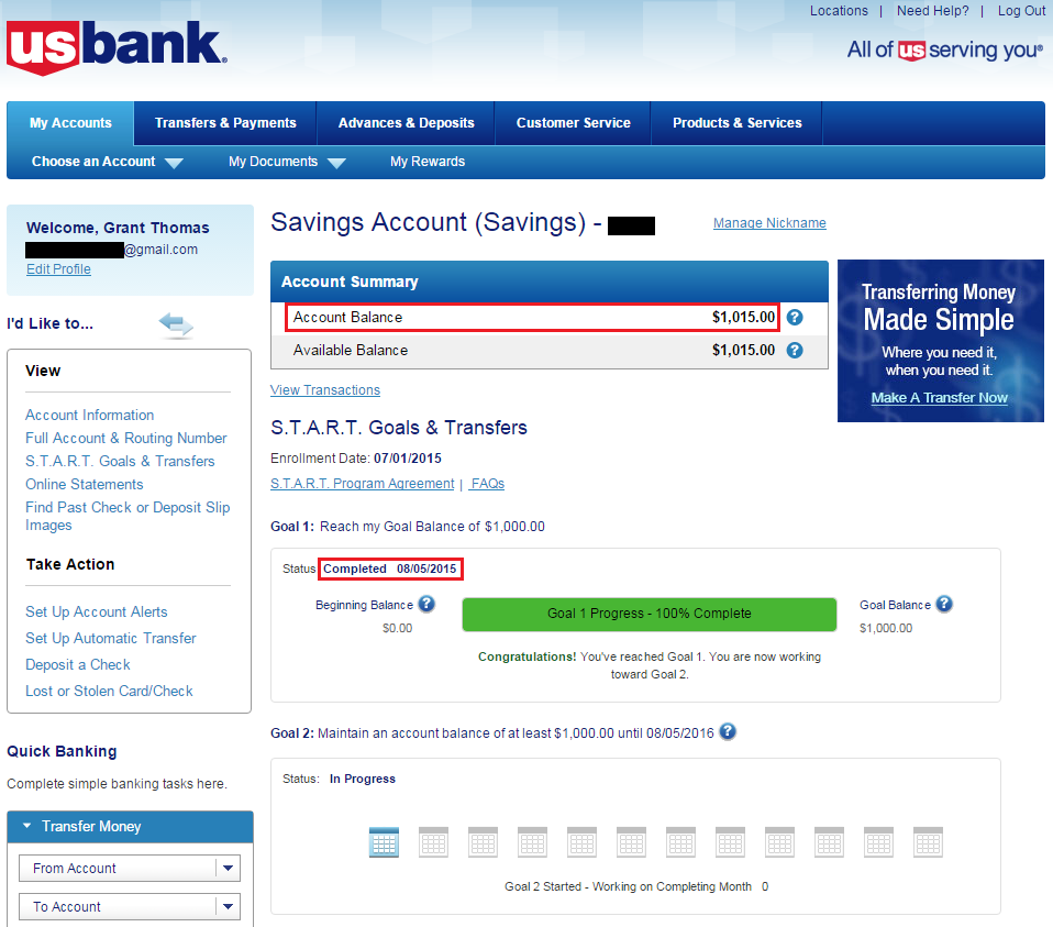 update on us bank's $125 power up checking and $50 start savings