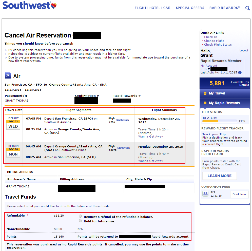 southwest airlines booking a saved flight