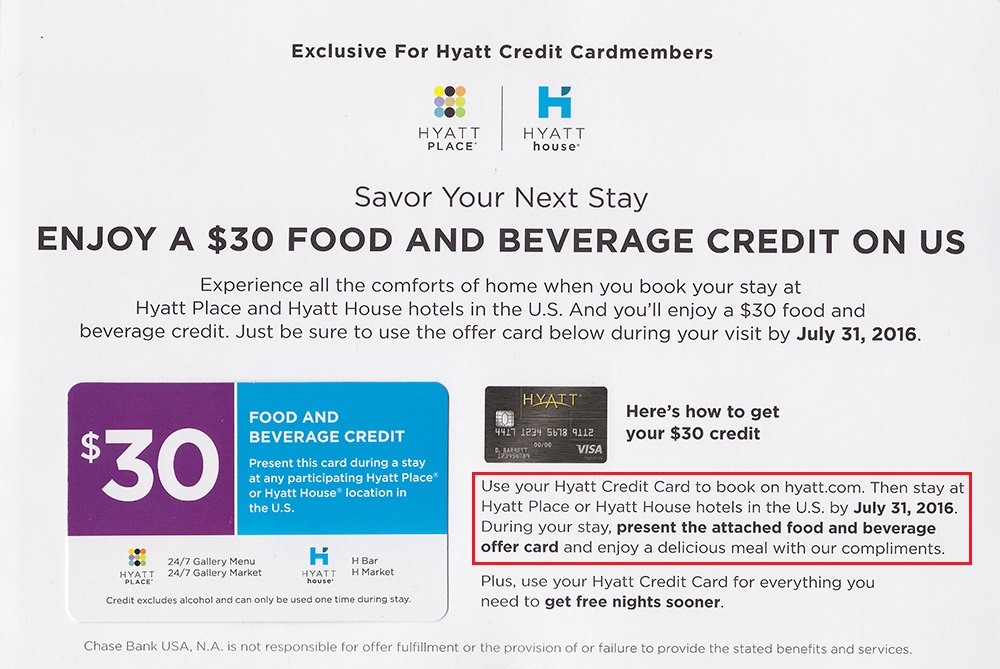 Hyatt House Place $30 Food Drink Credit Card Front (2)
