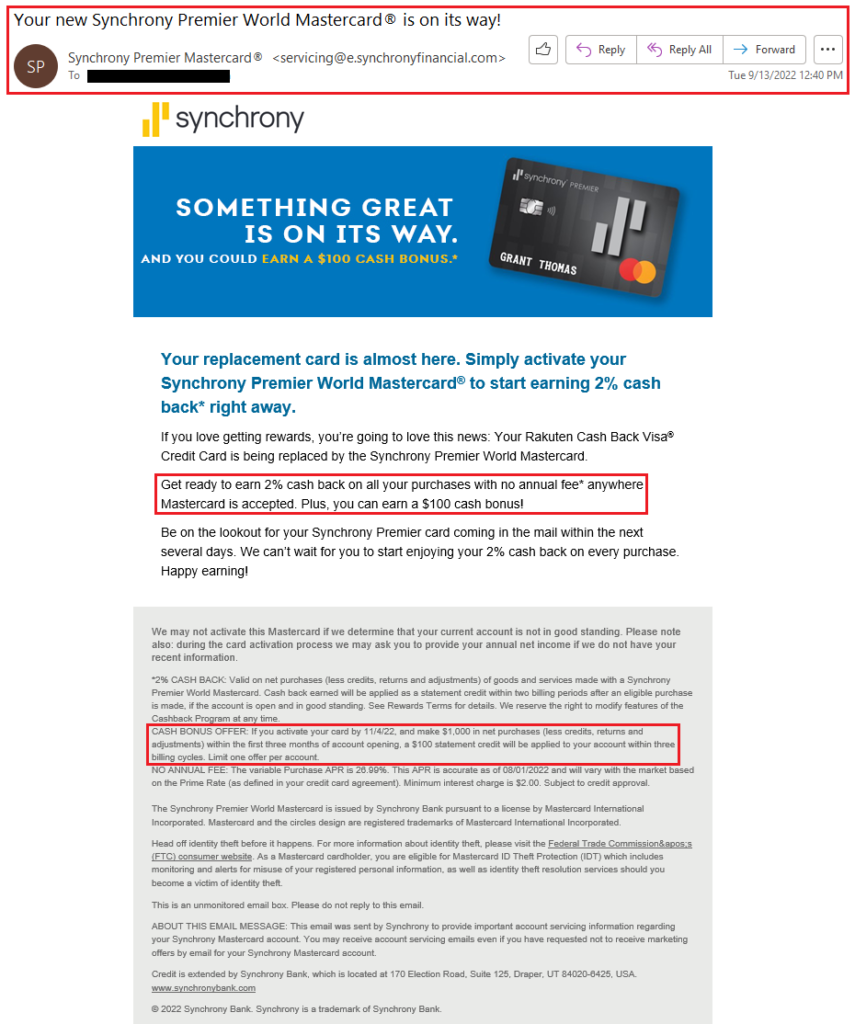 Synchrony Premier Credit Card Cash Back Statement Credit