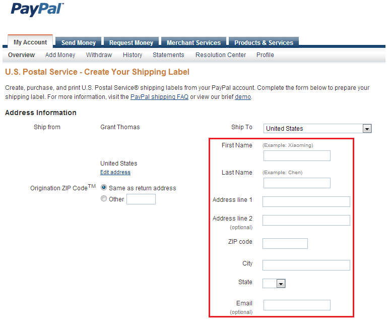 a screenshot of a shipping form