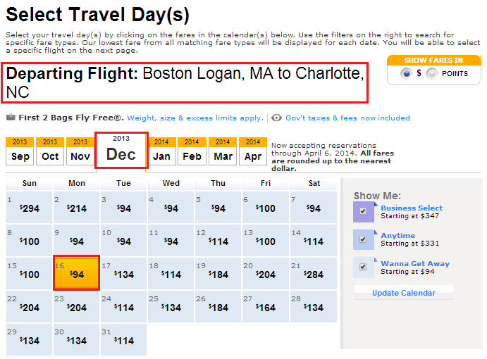 BOS to CLT Flights 12.16 Cash Calendar | Travel with Grant