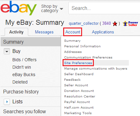 Ebay Account Site Preferences