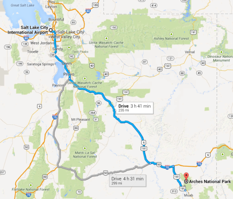 SLC To Moab Driving Map 