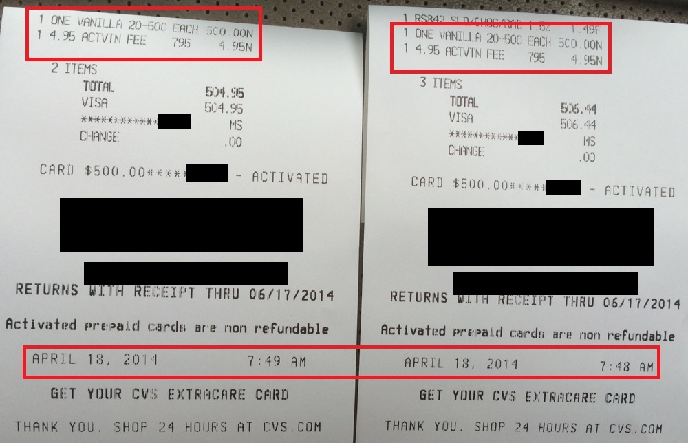 One Vanilla CVS Receipts Travel with Grant