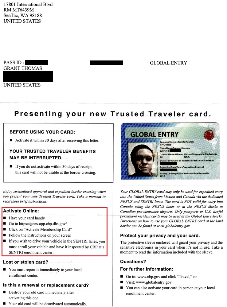 Global Entry Approved Document Front