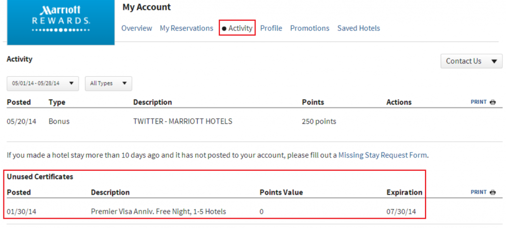 Redeem Marriott Free Night Certificate for a One Night Reservation