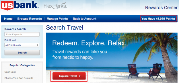rewards travel center us bank