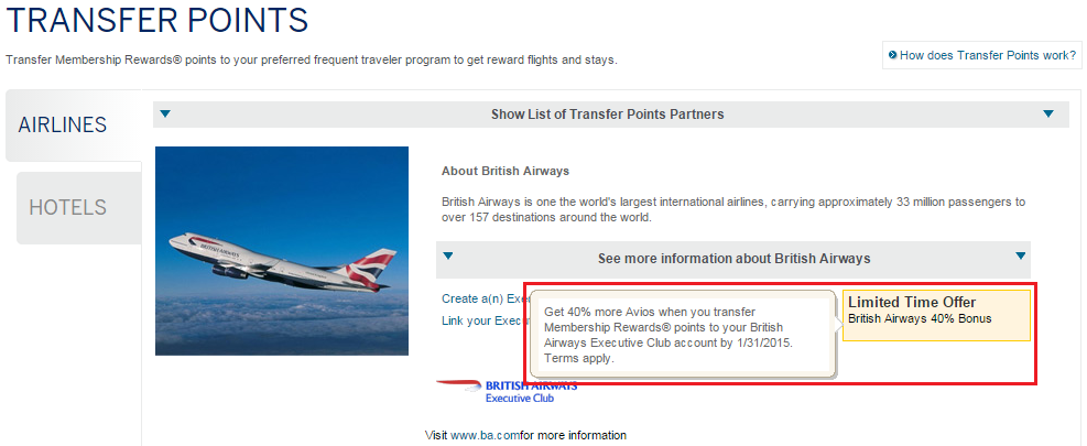 MR British Airways 40 Percent Transfer Bonus