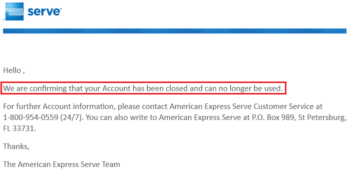 Serve Card Closed Confirmation Email
