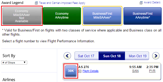 Alaska Airlines Oct 18 First Class Award Space on-AA No Economy