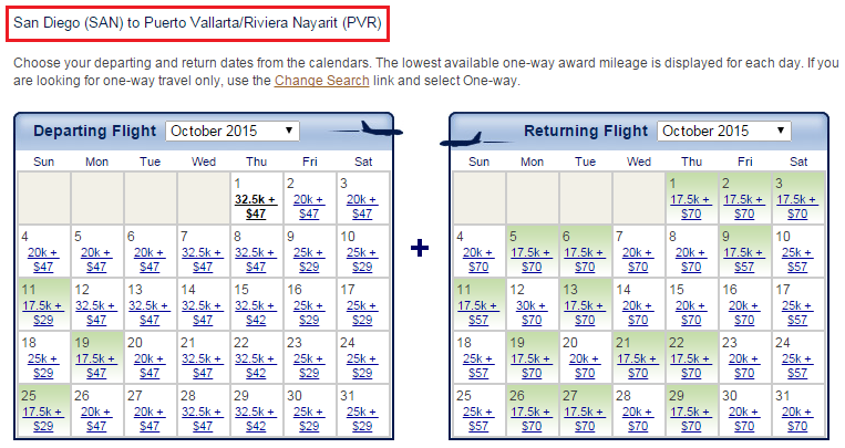 Alaska Airlines SAN-PVR RT Award Calendar