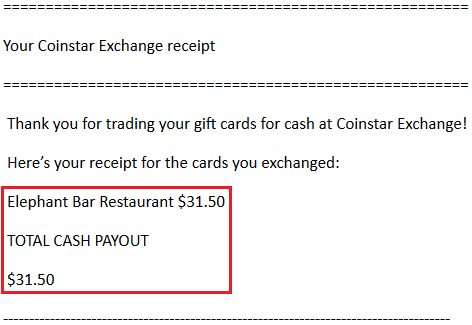 CoinStar Elephant Bar Gift Card Email Receipt