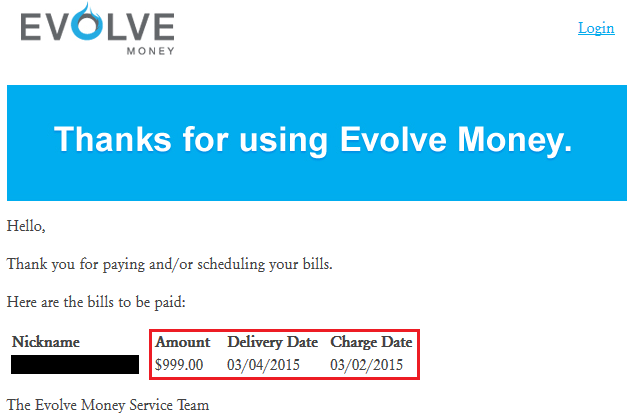 Evolve Money Payment March