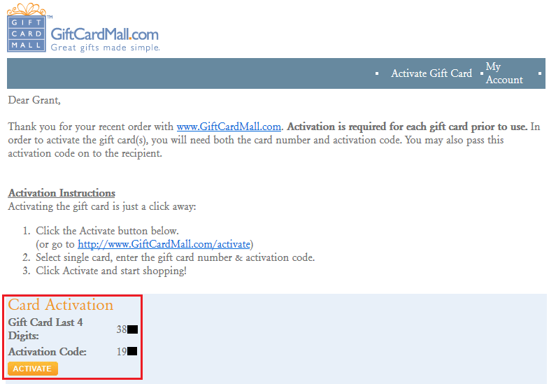 Gift Card Mall GCM Activation Code Email