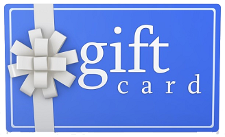 a blue gift card with white ribbon and a bow