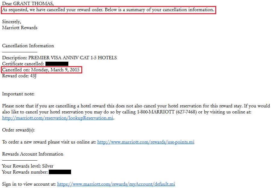Cancelled Marriott Reward Certificate