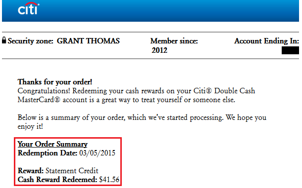 Citi Double Cash redemption Email Confirmation