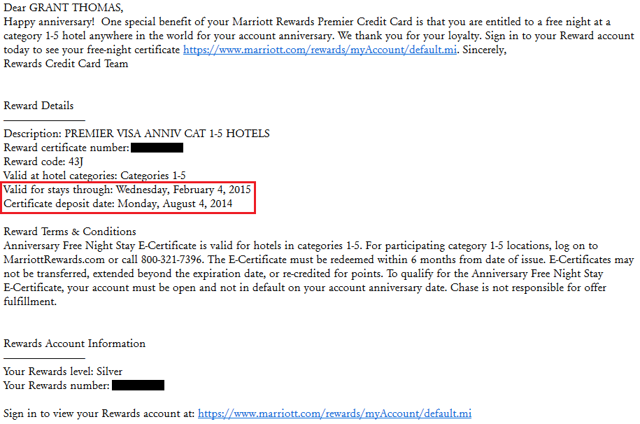 Expired Marriott Reward Certificate