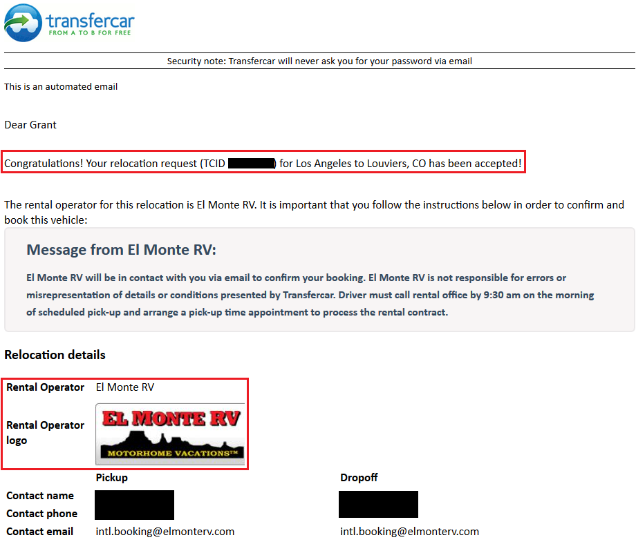 TransferCar Confirmation Email 1