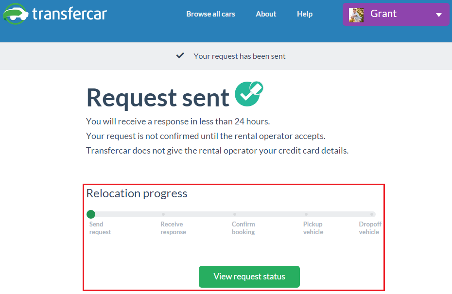 TransferCar Rental Request Sent