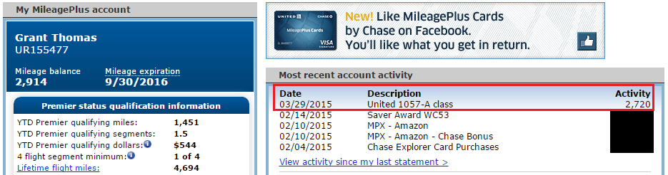 United Airlines Account Balance after DEN-LAX First Class