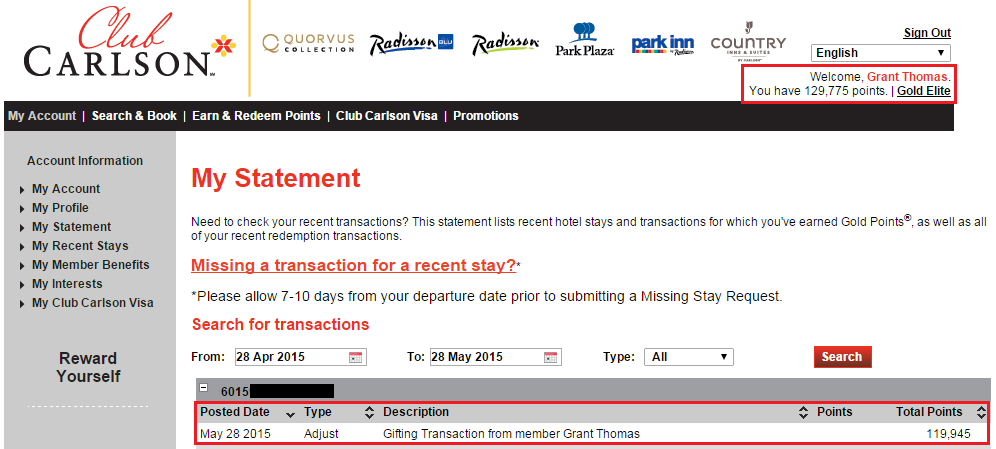 Club Carlson Points Received