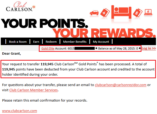 Club Carlson Transfer Email