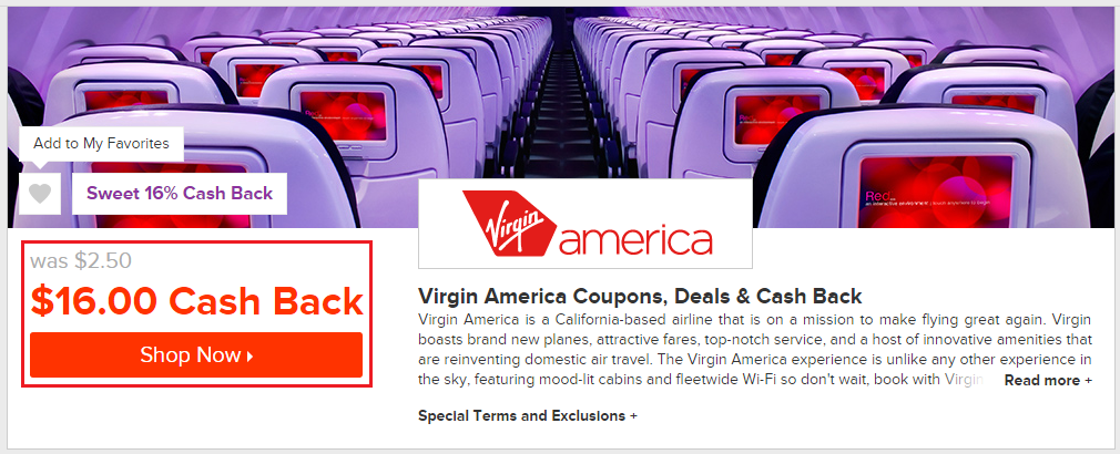 Ebates Virgin America $16 Cash Back
