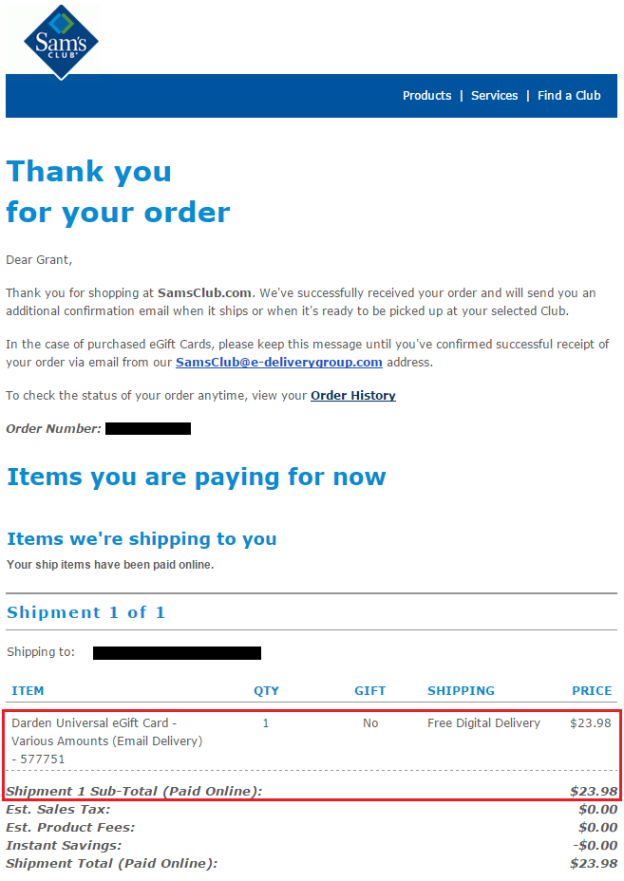 Sams Club Darden eGfit Card Email Receipt Travel with Grant