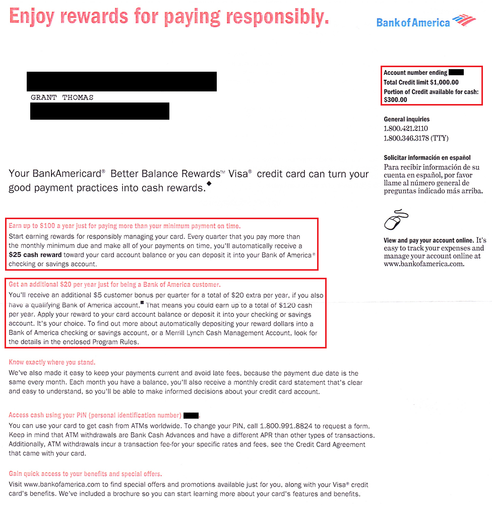 BofA BankAmeriCard Better Balance Rewards Welcome Letter