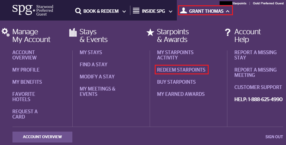 1 SPG Account Redeem Starpoints
