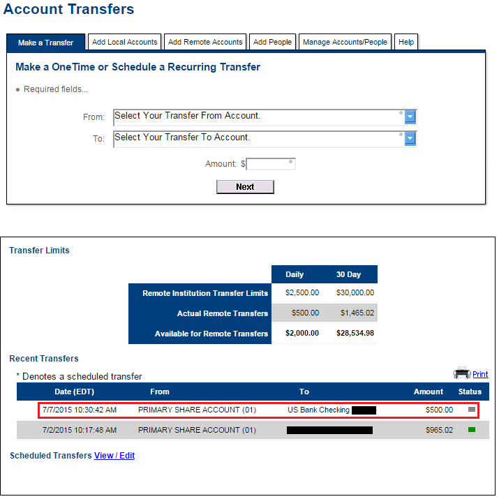 AgFed to US Bank Checking Transfer 7-7-2015