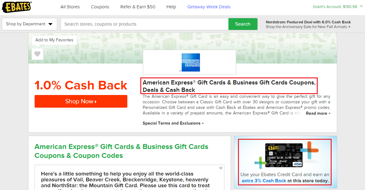Ebates American Express Gift Card Page with Credit Card