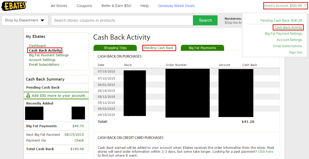 Ebates Cash Back Activity Page