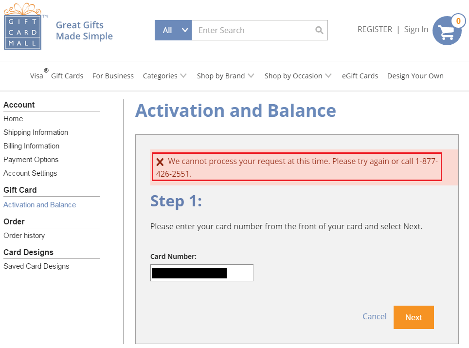 Gift Card Mall Activation Error