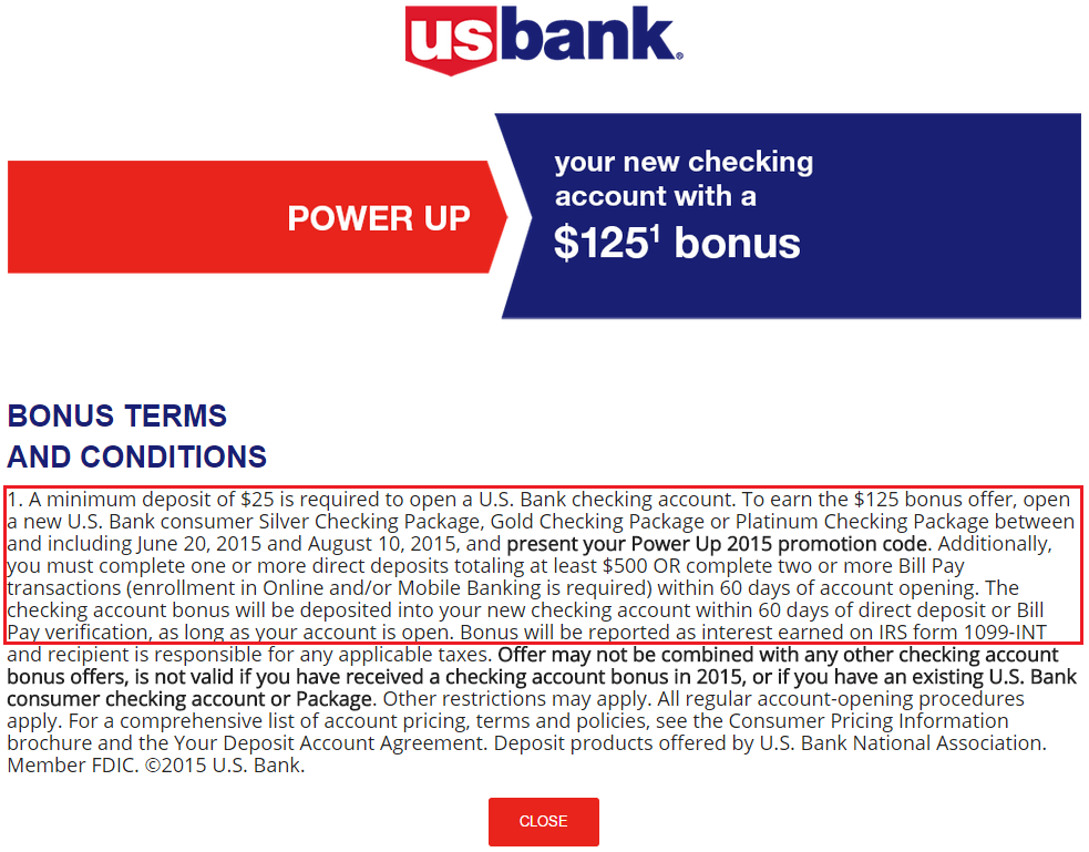US Bank Bonus Terms