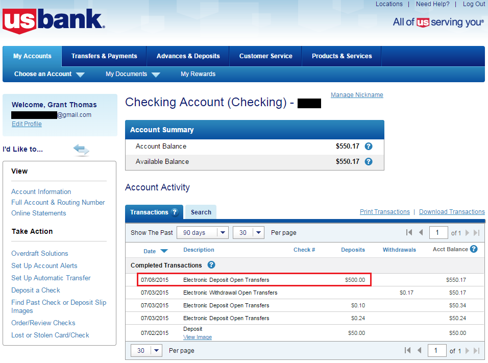 US Bank Checking Account $500 Deposit