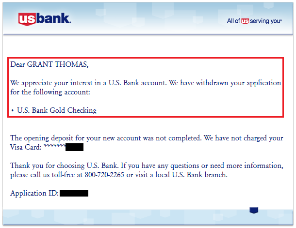 US Bank Checking Account Email Application Withdrawn