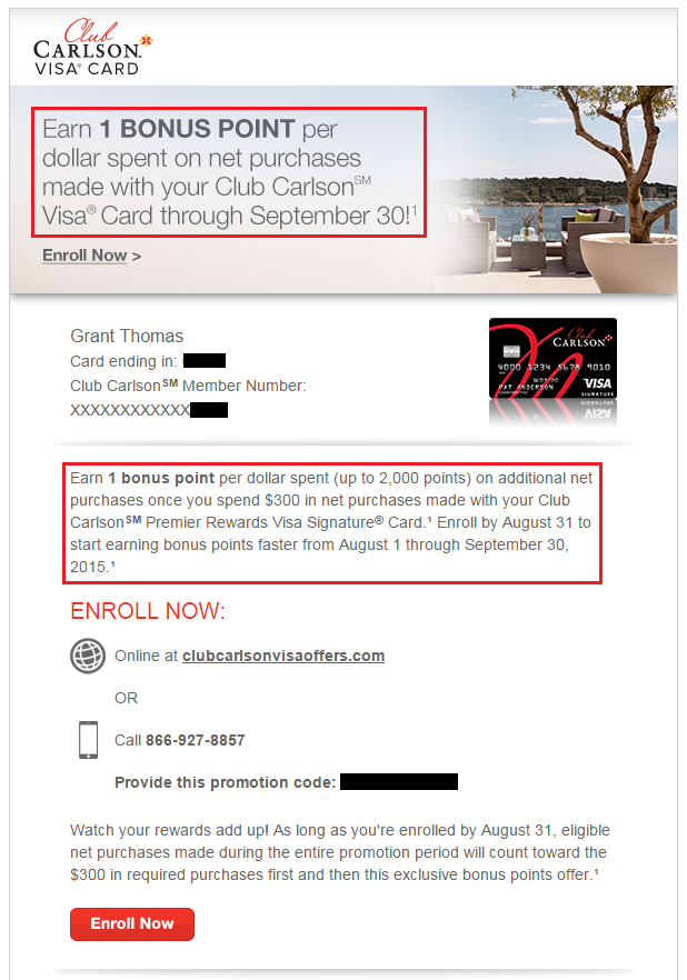 US Bank Club Carlson Credit Card 1 Bonus Points Per Dollar Email