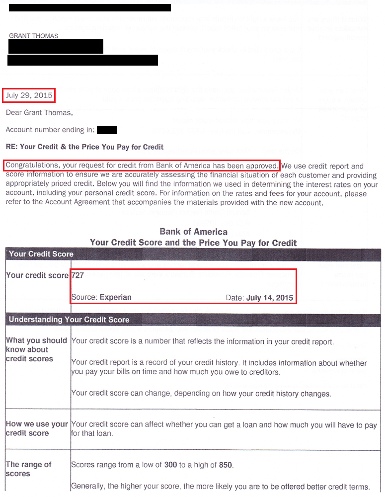 Bank of America Credit Card Approval Letter Front