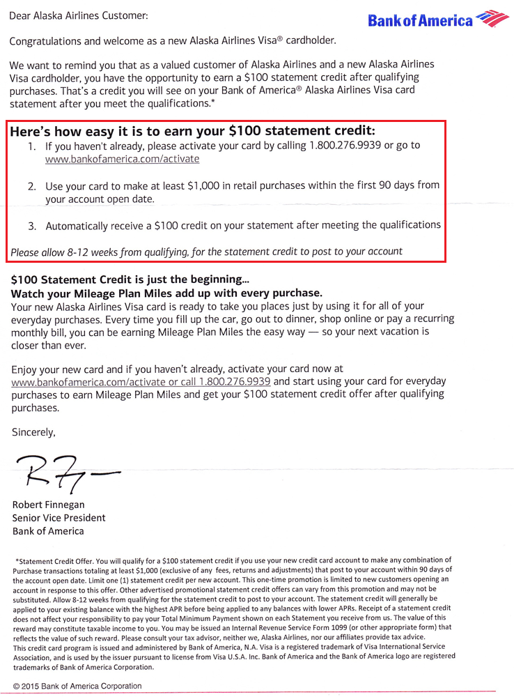 BofA Alaska Airlines $100 Statement Credit Letter