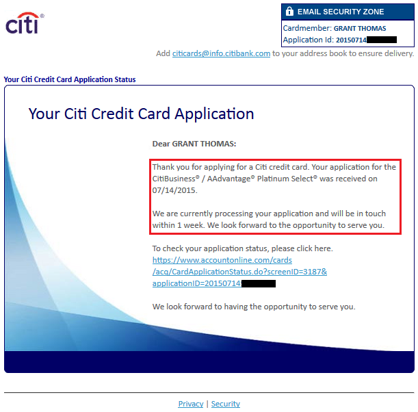 Citi Business Pending Application Email