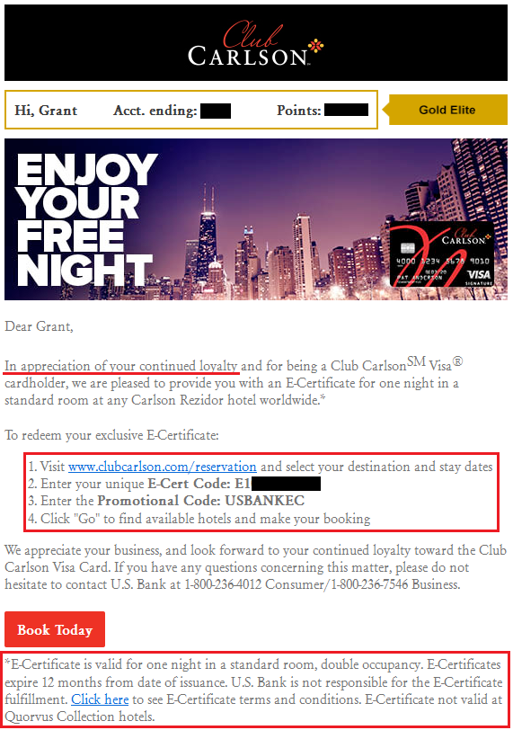 Club Carlson Free Night Certificate