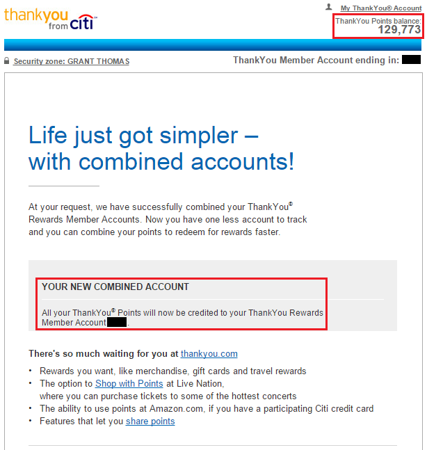 Combined Citi Thank You Point Confirmation Email