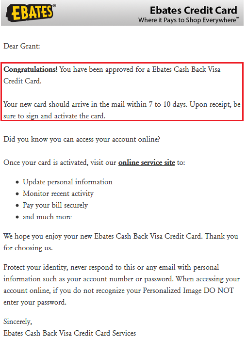 Ebates Cash Back Card Instant Approval Email