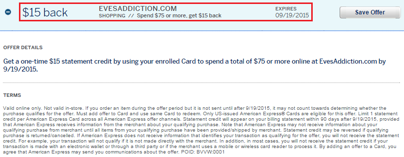 Eve's Addiction AMEX Offer