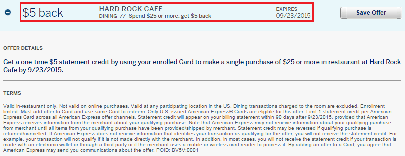 Hard Rock Cafe AMEX Offer