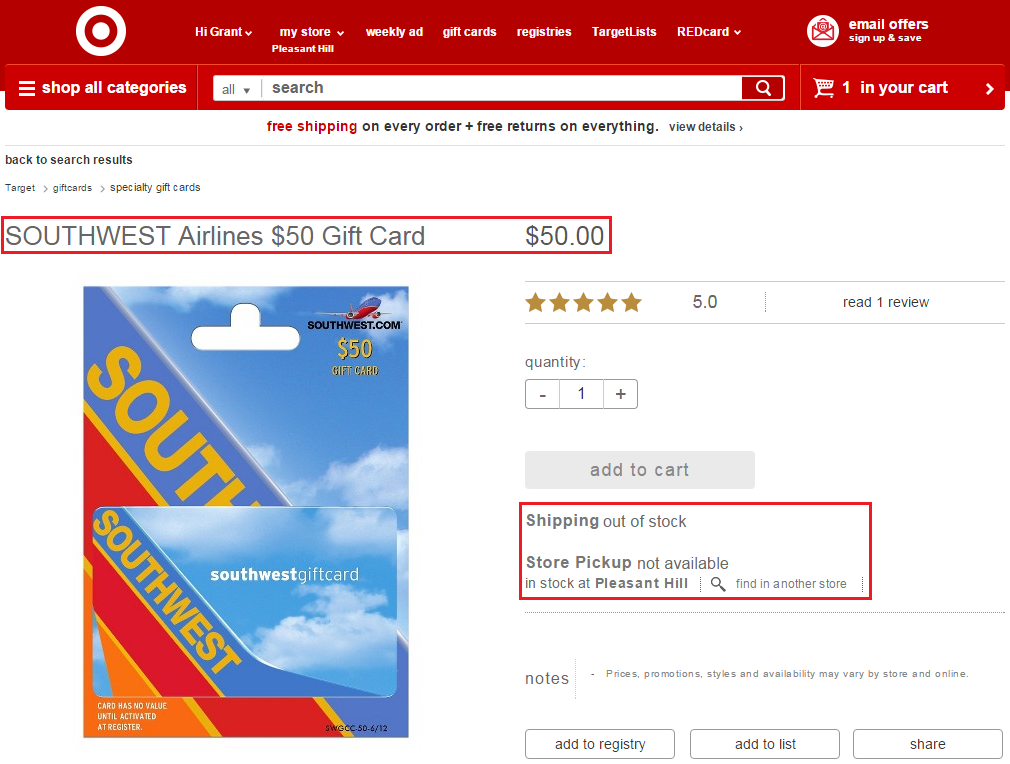 Southwest Airlines $50 Gift Card at Target