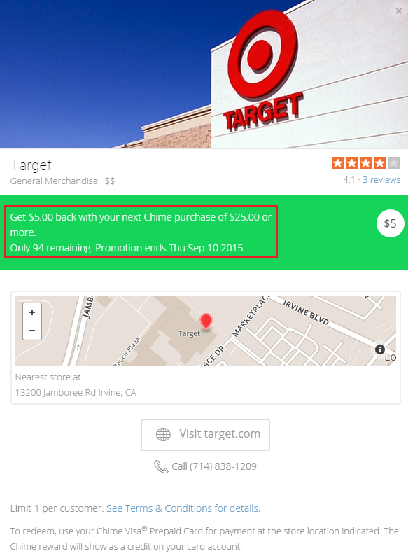 Target Chime Card Offer $5 Off $25